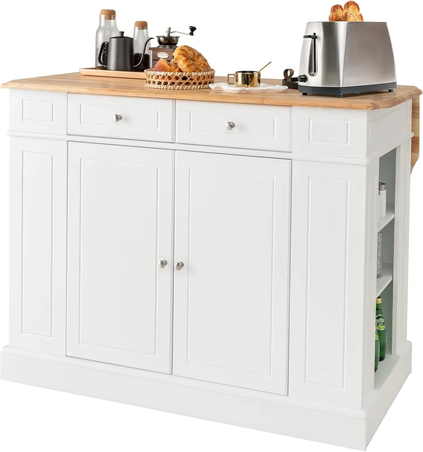 LOKO Kitchen Island with Drop Leaf, Kitchen Storage Cabinet with Rubber Wood Top, 2 Drawers, 5 Adjustable Shelves & Spice Racks,