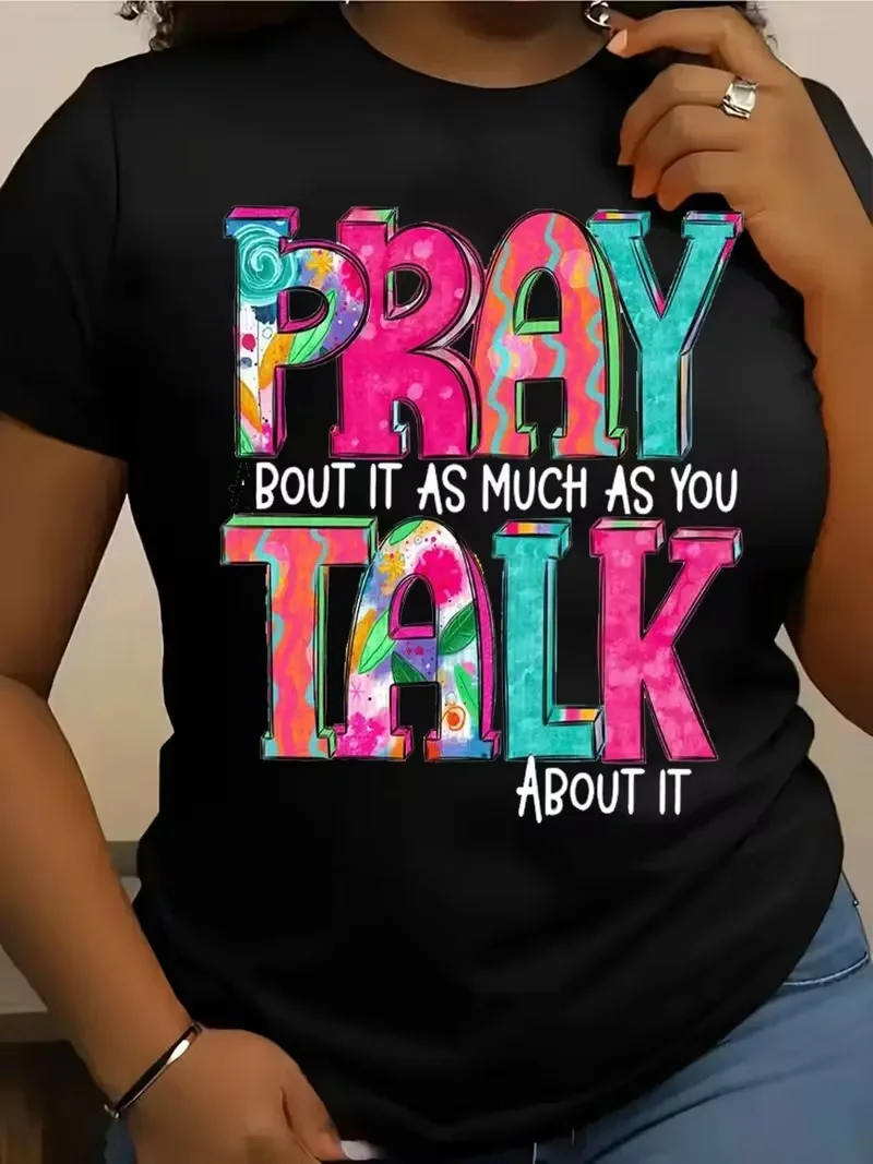 

Funny PRAY TALK letter pattern printed women's short sleeved t-shirt fashion comfortable round neck casual oversized women's top