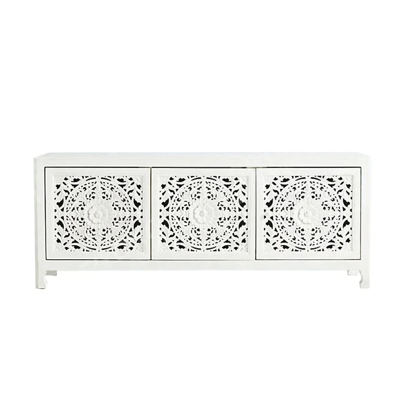 

American Neo-classical Carved Solid Wood Hollowed-out TV Cabinet Retro Oak Light Luxury Sideboard