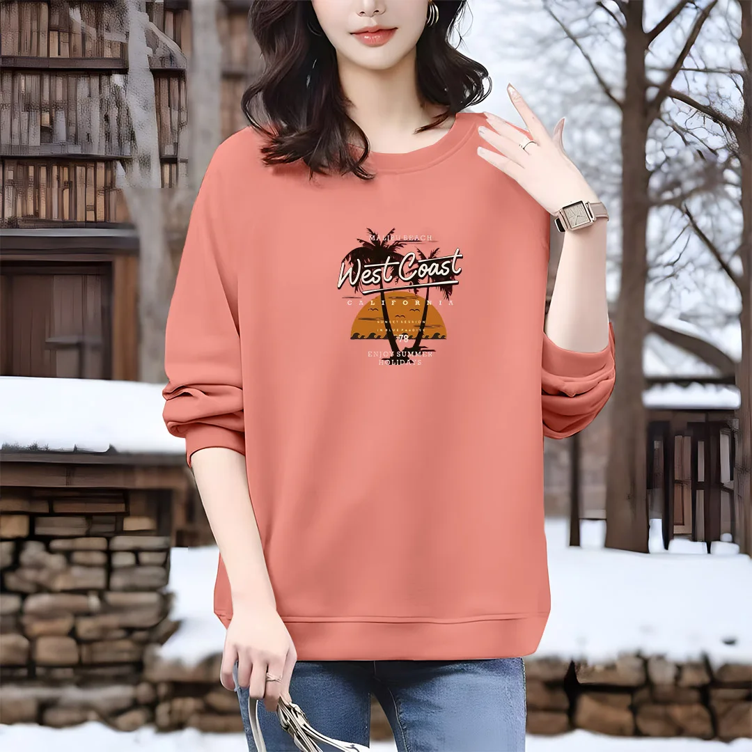 Autumn Pure Cotton Vintage Printed Sweatshirts Office Lady Daily Casual Commute Loose Hoodies Women O-neck Chic Pullover Tops