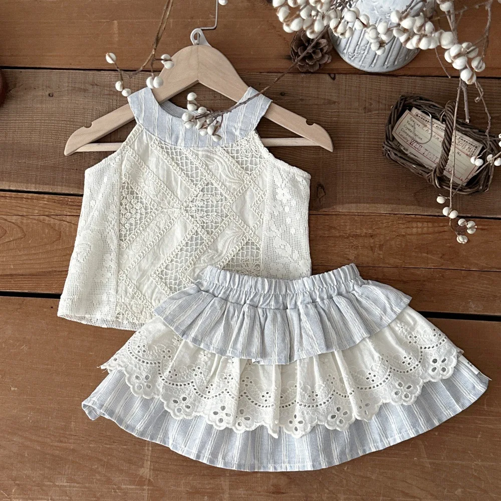 2026 Summer New Baby Girl Sleeveless Clothes Set Girls Sweet Halter Tops + Lace Tiered Skirt 2pcs Suit Toddler Cotton Outfits