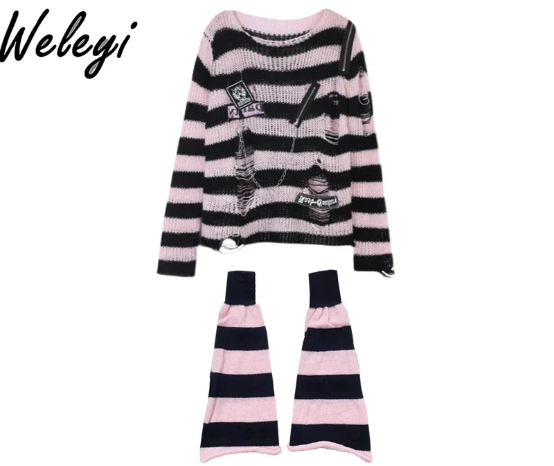 Y2k Subculture Wear Ropa De Mujer Suit Spring and Autumn Black Pink Striped Leg Cover Knitted Tops Plaid Skirt Three Piece Sets