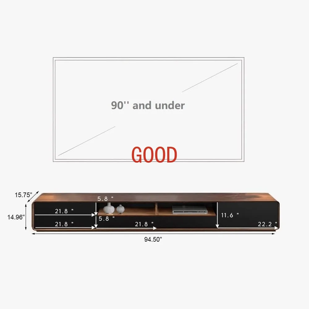 Mobile TV moderno da 94", console multimediale lowline con 4 cassetti, armadio aperto, completamente assemblato