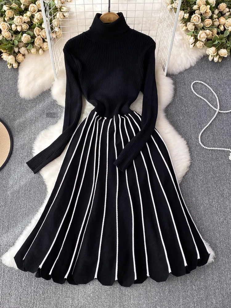 

Sweater Dresses 2023 Winter Turtleneck Warm Long Sleeve Knitted Dress Korean Fashion Striped Slim Women Black Pleated Dress