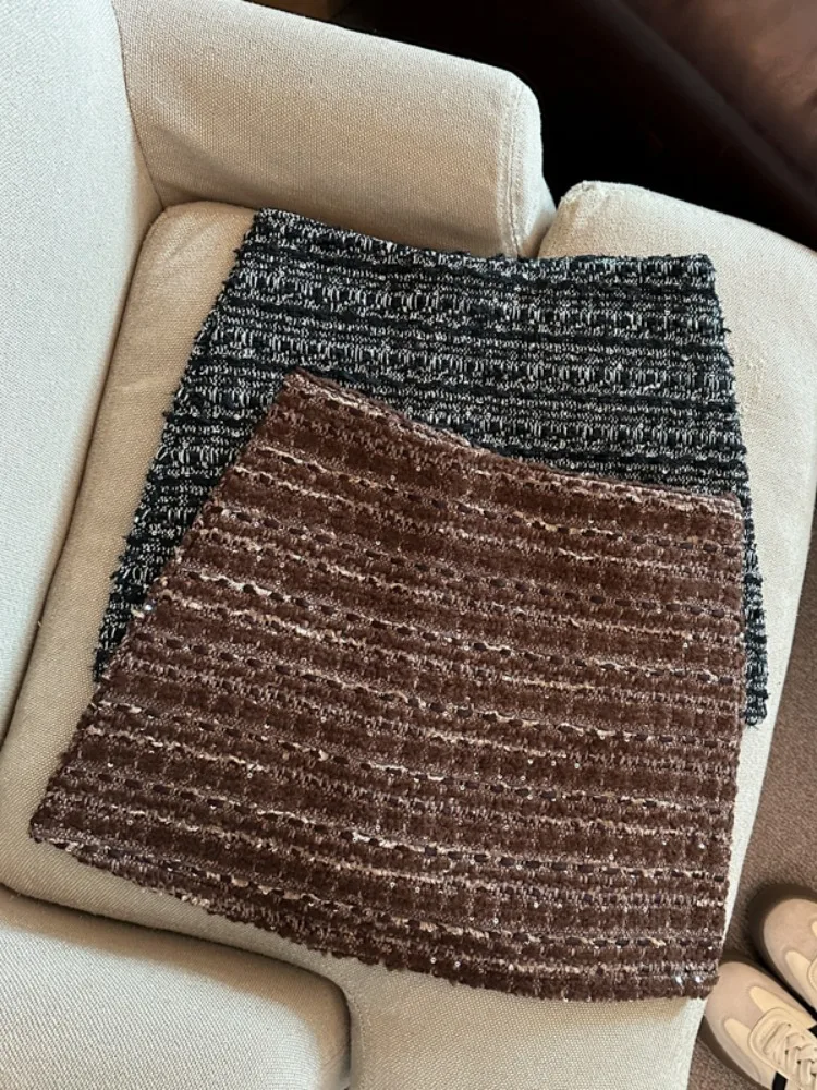 Kleine geurige stijl tweed A-lijn halve rok dames herfst en winter hoge taille heup knuffelen slim fit korte rok