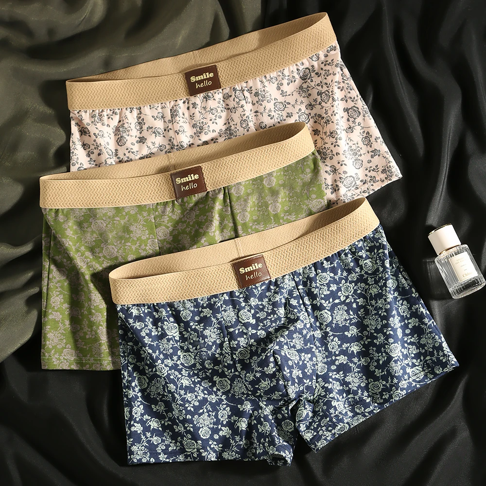 3PCS/Pack Romantic Rose Print Men's Panties Cotton Soft Comfortable Breathable Boxer Homme 3D Large Space Pouch Men Underwear