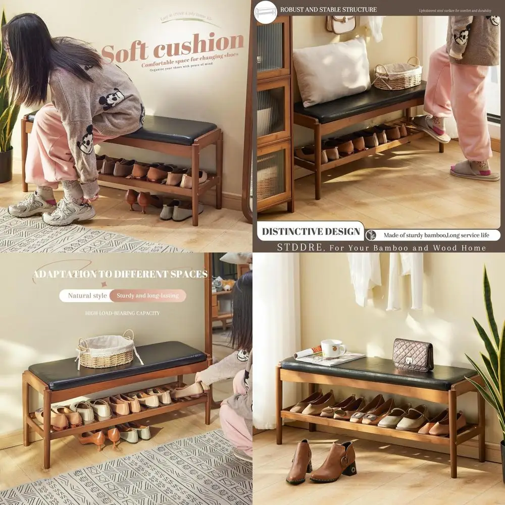 مقعد رف أحذية من الخيزران بطبقتين مع وسادة جلدية للمدخل والممر وغرفة المعيشة وغرفة النوم (قمة سوداء، إطار بني)