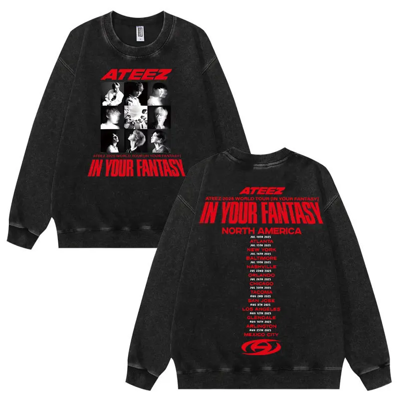 Ateez in Your Fantasy World Tour خمر غسل هوديي النساء الرجال س الرقبة طويلة الأكمام Crewneck البلوز بلوزة فضفاضة غير رسمية القمم