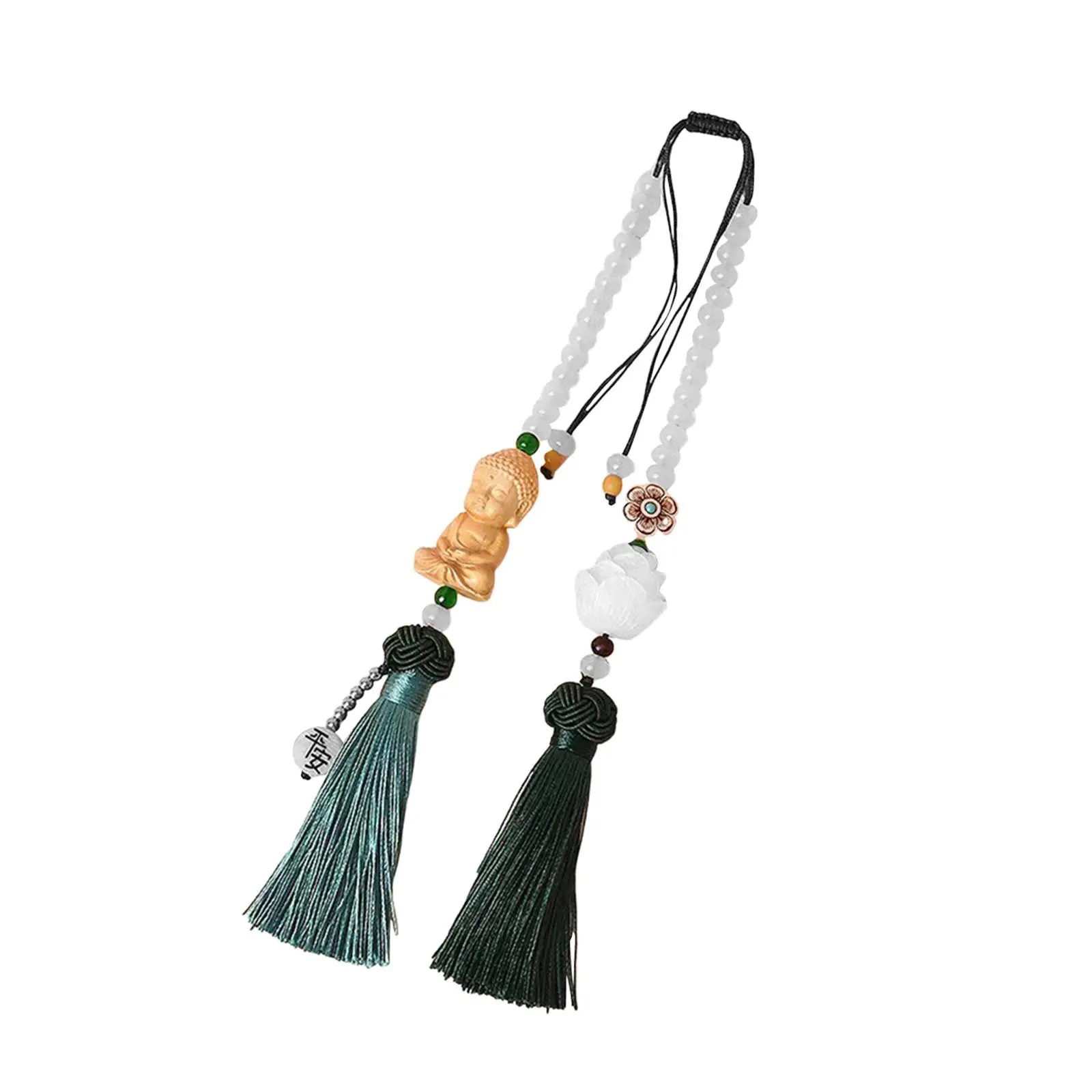 Chinese Peace Charm Car Hanging Pendant Wood Buddha Lotus Tassel Rearview Mirror Decoration for Adults