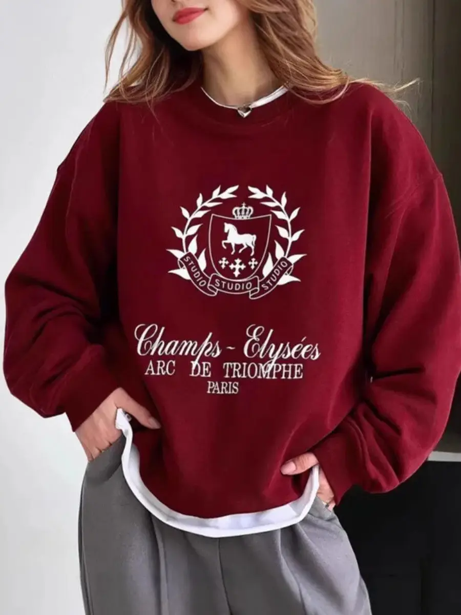 Y2K collège dame rétro Badge vin rouge sweats col rond ample automne pull à la mode tempérament femmes Preppy-style haut rétro