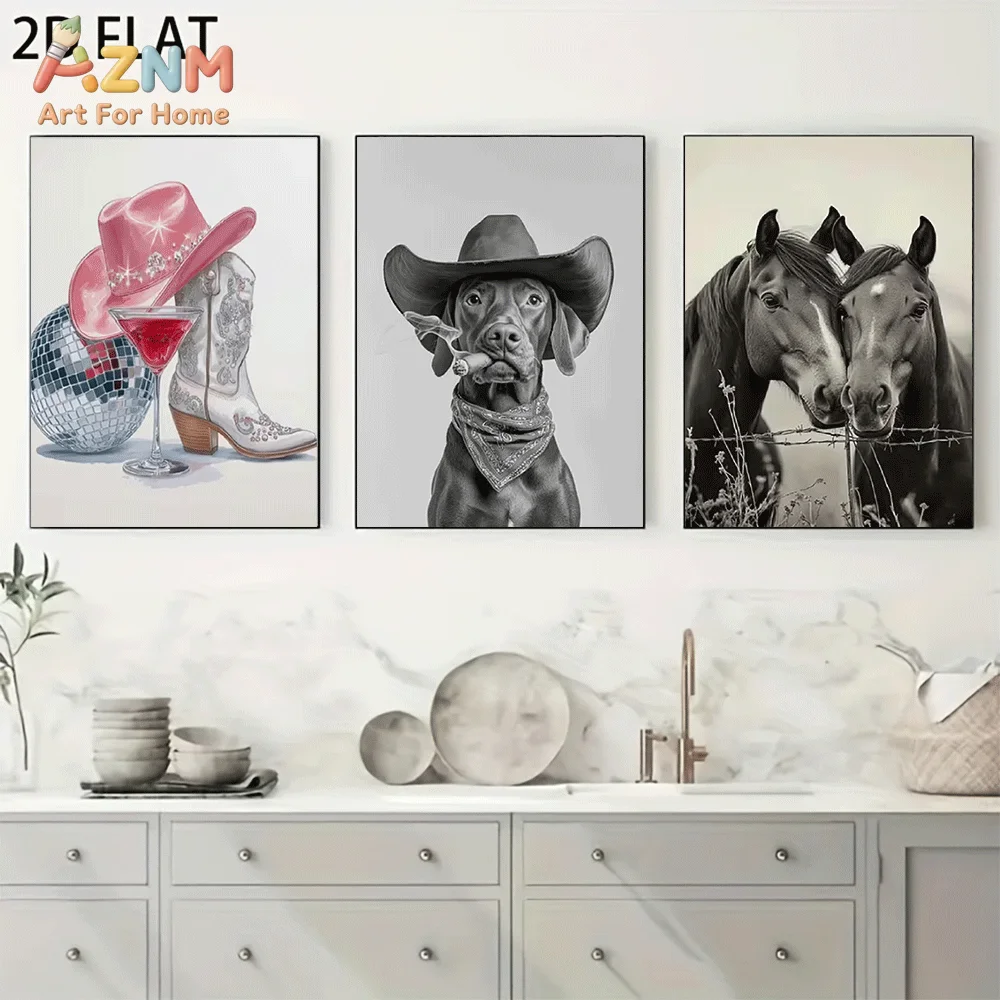 AZNM Frameless Canvas Wall Art, Western Cowboy Dog Horse & Cowgirl Boots Disco Print, Retro Country Wall Decor for Living Room B