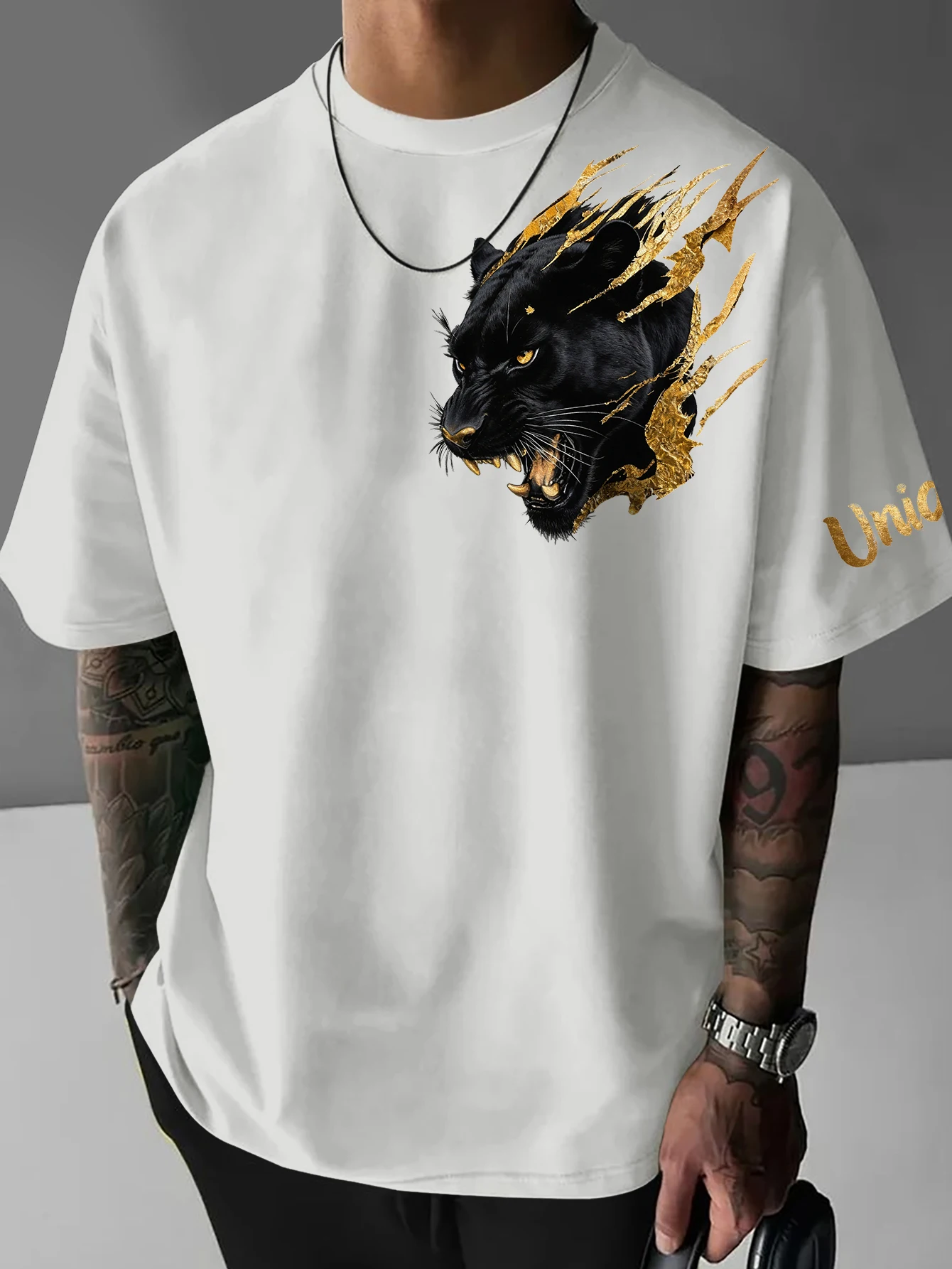 Men Oversized T-shirt Black Panther Gold Torn Effect Print Streetwear Hip Hop Casual Summer Harajuku Short Sleeve Tee