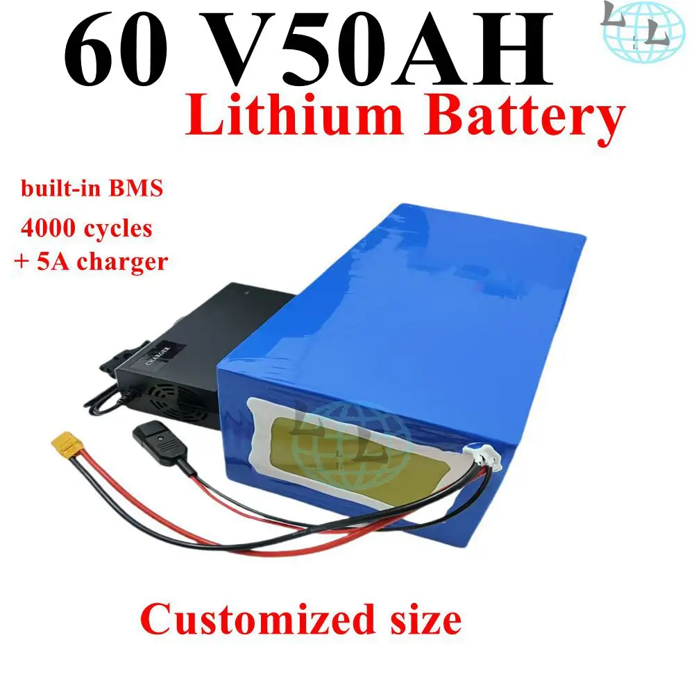 LL-Batterie au lithium pour vélo électrique, 60V, 50Ah, 2000W-6000W, BMS puissant intégré, chargeur 5A.