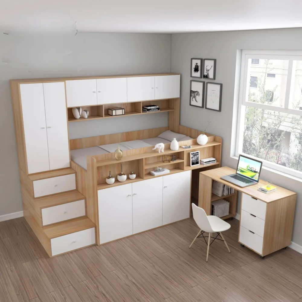 

Children's bed, half height bed, desk, wardrobe, one piece set, bedroom, small unit, space saving storage