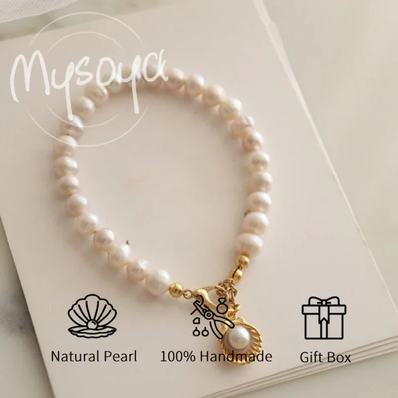 

MYSOYA 6-7 мм браслет из натурального белого пресноводного жемчуга для женщин и мужчин с подарочной коробкой, ювелирное изделие на день рождения, свадьбу, годовщину, подарок