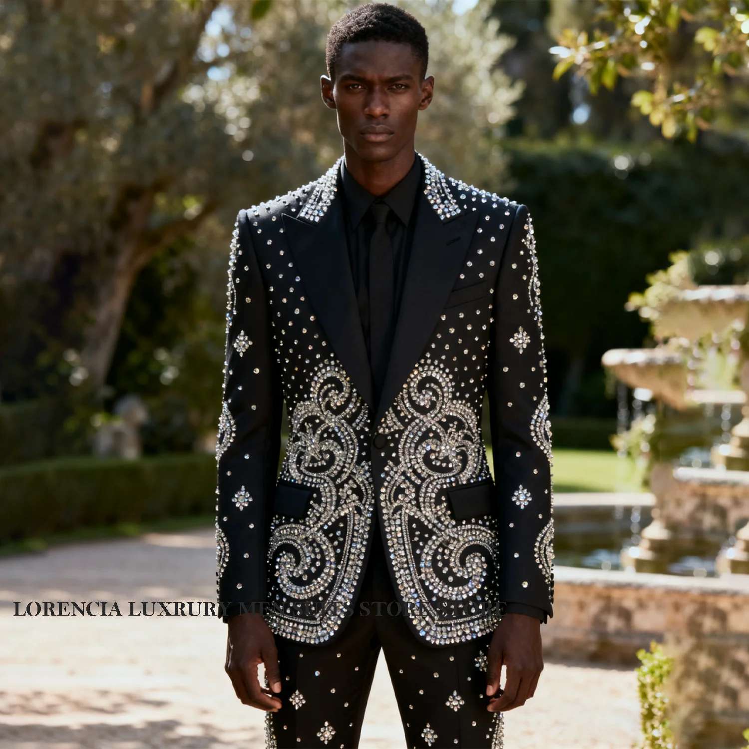 

Luxury Coat Style Men Suit 2 Piece Sets Groom Male Blazers Customized Rhinestone Beaded Peaked Lapel Ropa hombre Wedding Tuxedos