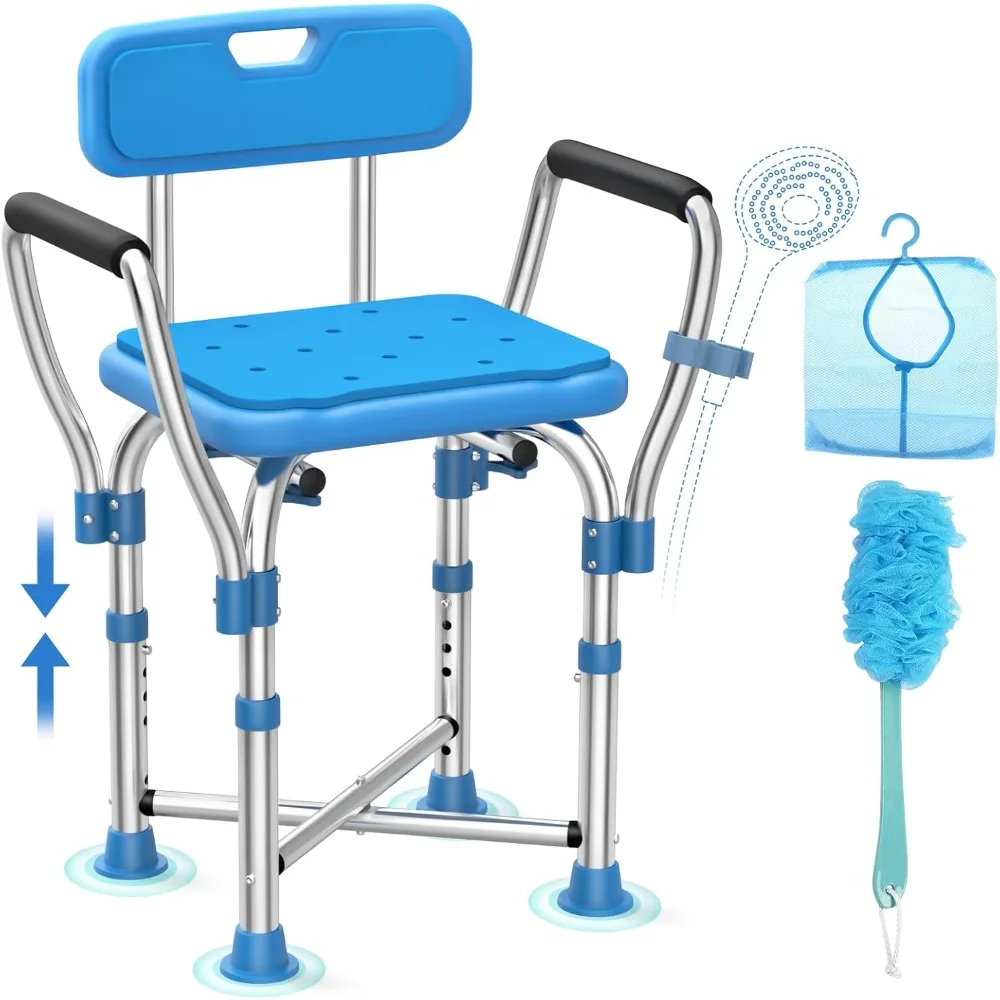 Shower Chair Seat  Crossbar Supports, 500lbs Stainless Steel Adjustable Bath Chair  Padded Armrests & Back, Anti Slip Handicap