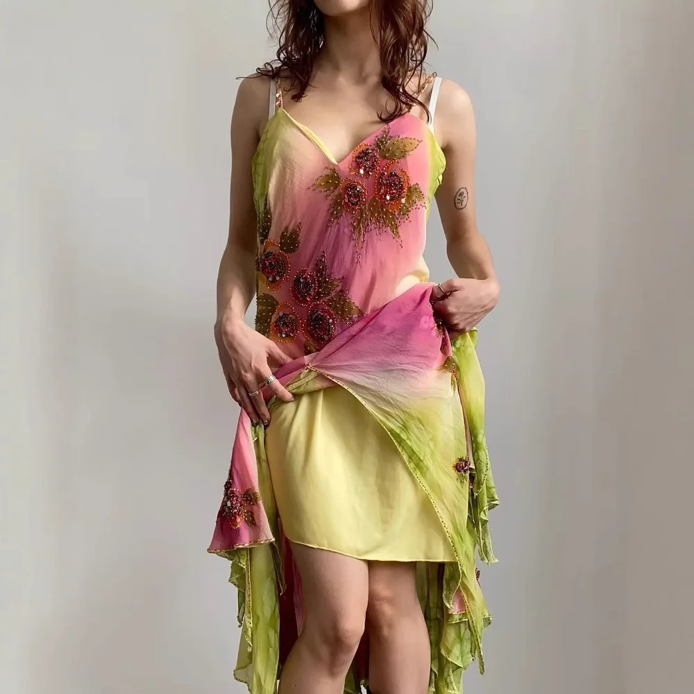 Summer Women's Ruffled Hem Camisole Sleeveless Skirt with Elegant Temperament,embroidered Flower Dress, Seaside Vacation Pretend