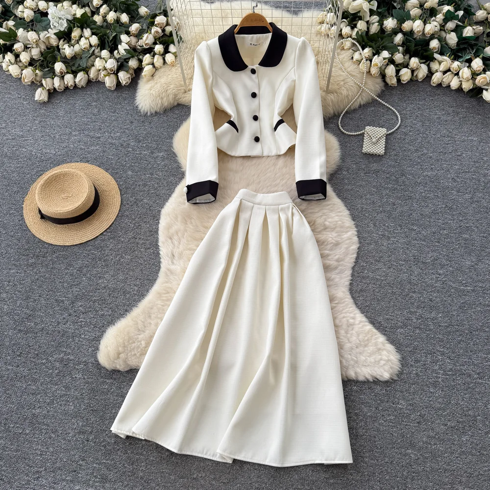 قطعتين تقسم فستان مجموعة ألف خط مجموعات النساء بيتر بان طوق معطف الكاحل طول تنورة فضفاضة أنيقة عادية 2025 ربيع الخريف