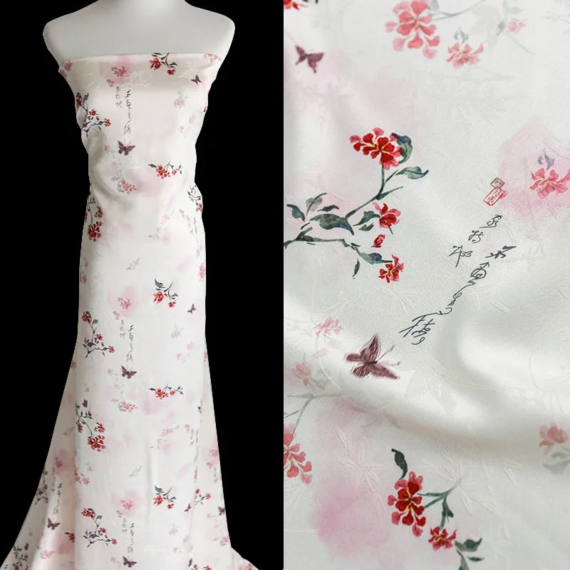 Freihand-Safflower-Kalligraphie-Set im nationalen Stil, Jacquard-Druck, Stoffhemd-Set, Cheongsam-Kleid, Frühling, Herbst und Sommer – Detail 1