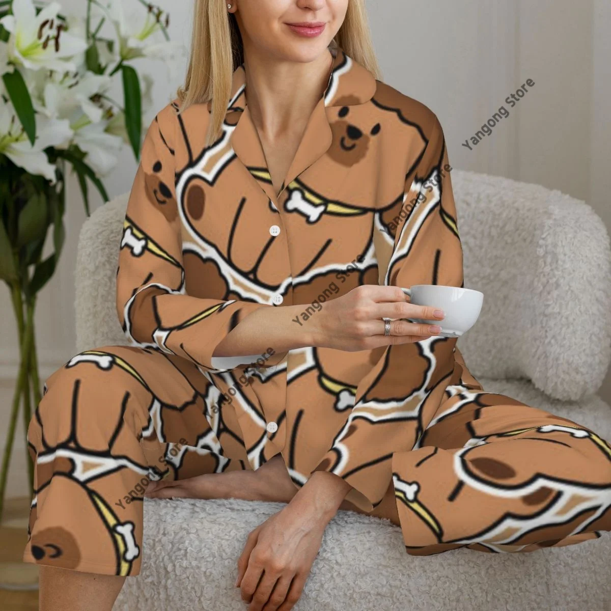 

Women Sleepwear Pajamas Cute Dog Sit Poses Long Sleeve Pijama Female Set Negligee Cardigan Suit