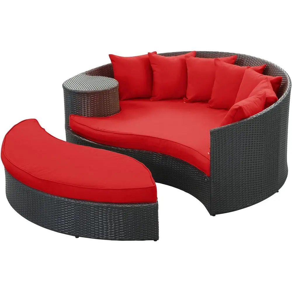Outdoor Wicker Patio Daybed with Ottoman featuring Red Cushions
