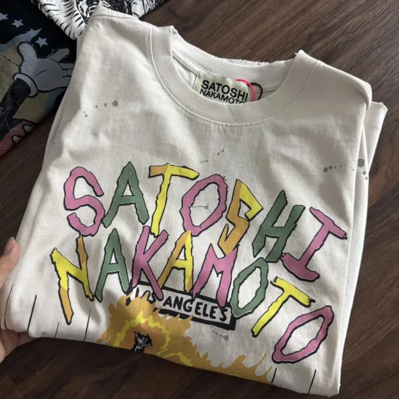 Vintage Distressed Washed Worn SATOSHI Tshirt Splashing Ink Colorful Graffiti Letters Flames Skeletons Short Sleeve Men Women
