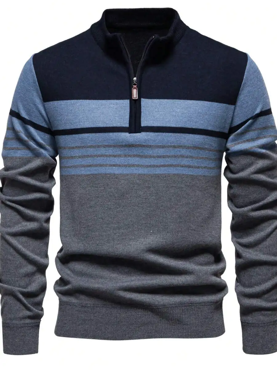 

Men's Colorblock Half-Zip Knit Sweater, Long Sleeve Casual Pullover with Striped Design