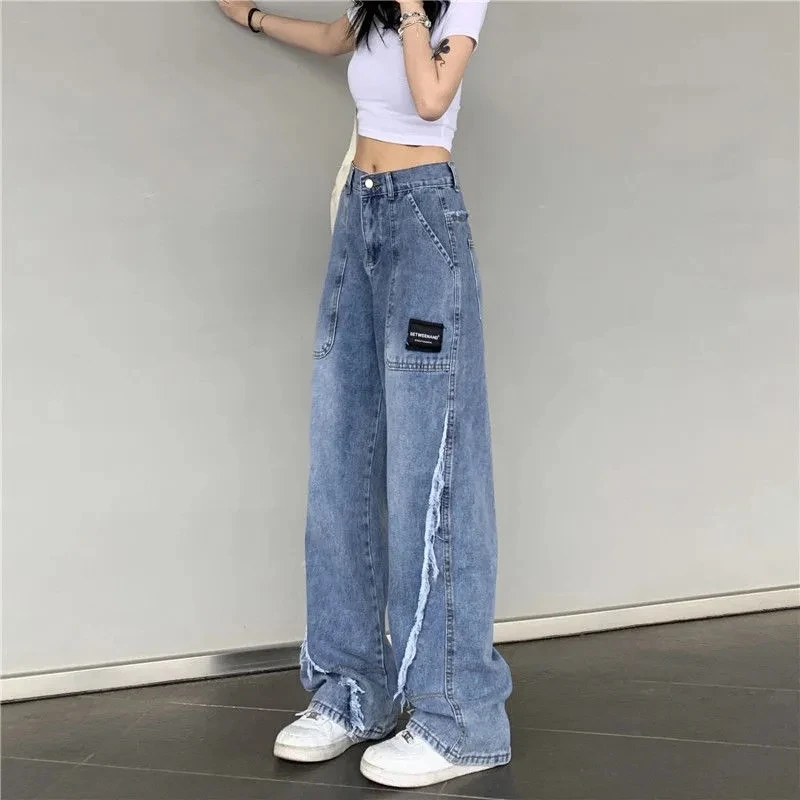 Blast Street Raw Edge Jeans Women's Spring Summer New High Waist Straight Pants Fashion Loose Wide-Leg Pants Female Jeans