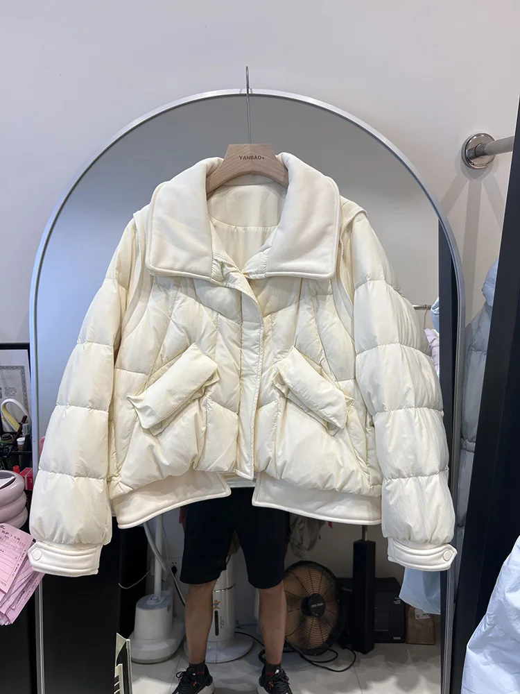 Women's short style fashion lapel collar large pocket white duck down jacket Korean version trend design sense down coat