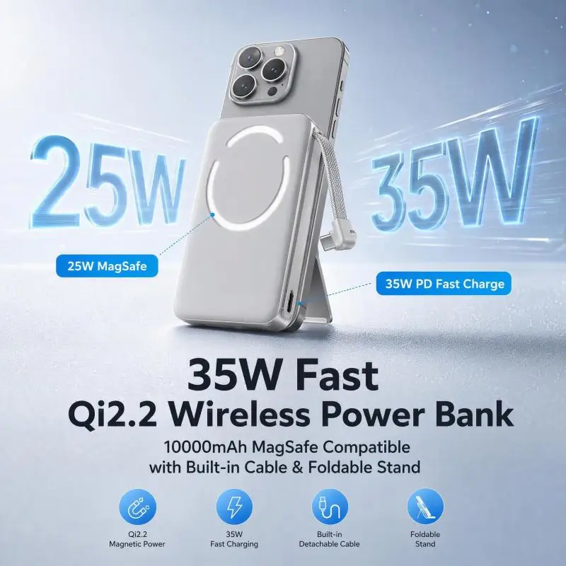 Qi2.2 Wireless Power Bank 10000mAh PD 35W Fast Charging, 25W Mag-Safe Compatible Built-in Cable & Foldable Stand for iPhone