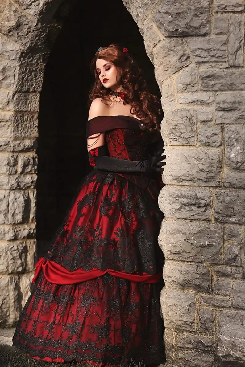 Gothic Belle Red Black Lace Wedding Gown Vintage Lace-up Corset Strapless Tiered Beauty Off Shoulder Plus Size Bridal Gown