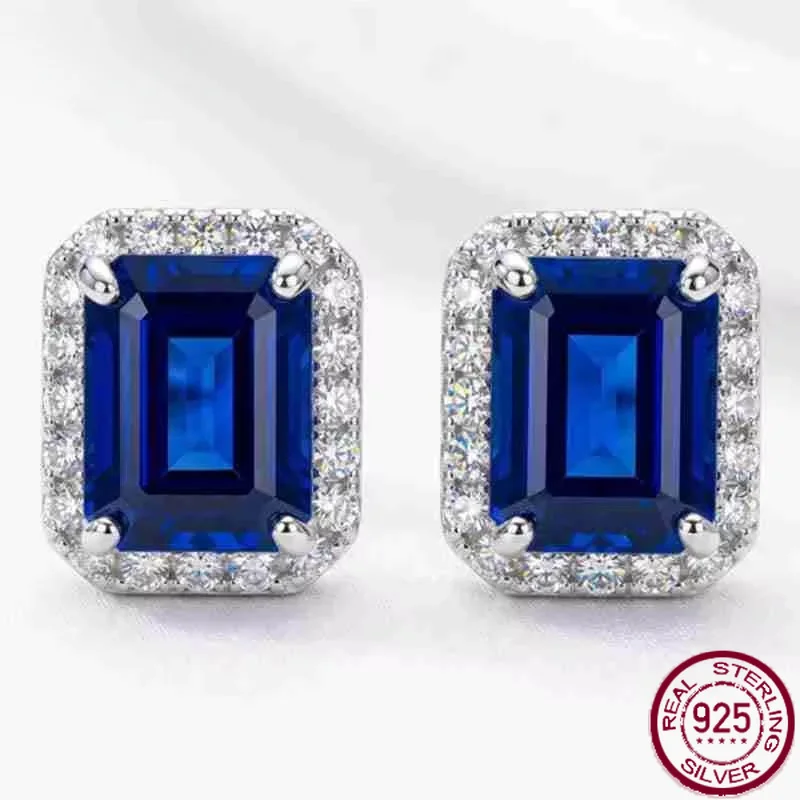 Yaranyan 925 Sterling Silver Emerald Cut 7 * 9 MM Lab Sapphire High Carbon Diamonds Gemstone Ear Studs Earrings Fine Jewelry