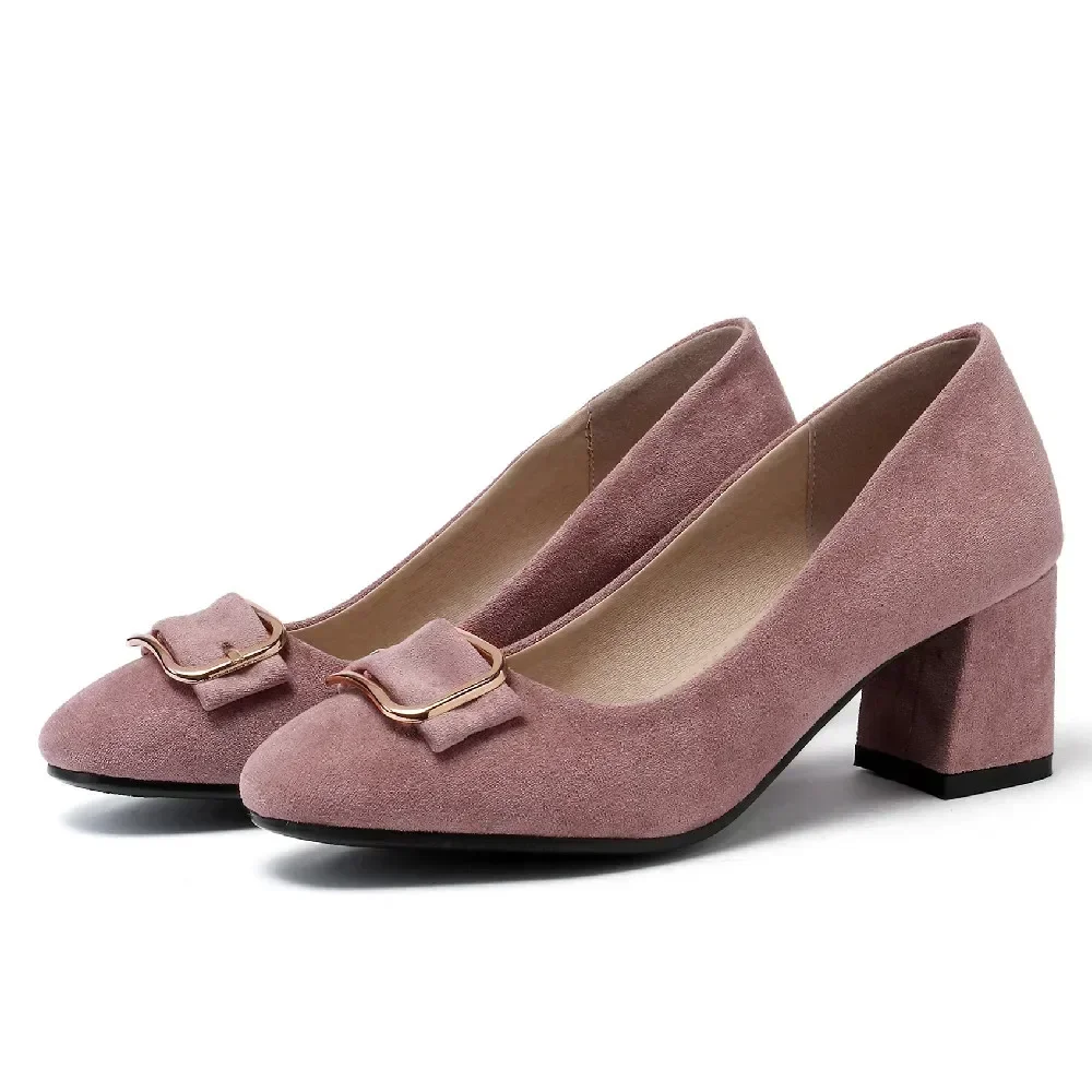 

Comfy Buckle Women Pumps Black Pink Flock 5.5cm High Chunky Heels Round Toe Spring Autumn Party Office Lady Slip-on Dress Shoes