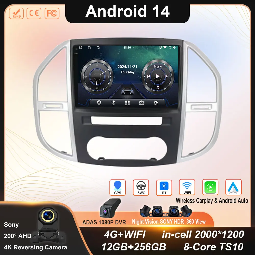 

Android 14 For Mercedes Benz Vito 3 W447 2014-2020 2K QLED Android Car Radio Multimedia Video Player 4G Stereo CarPlay Head Unit