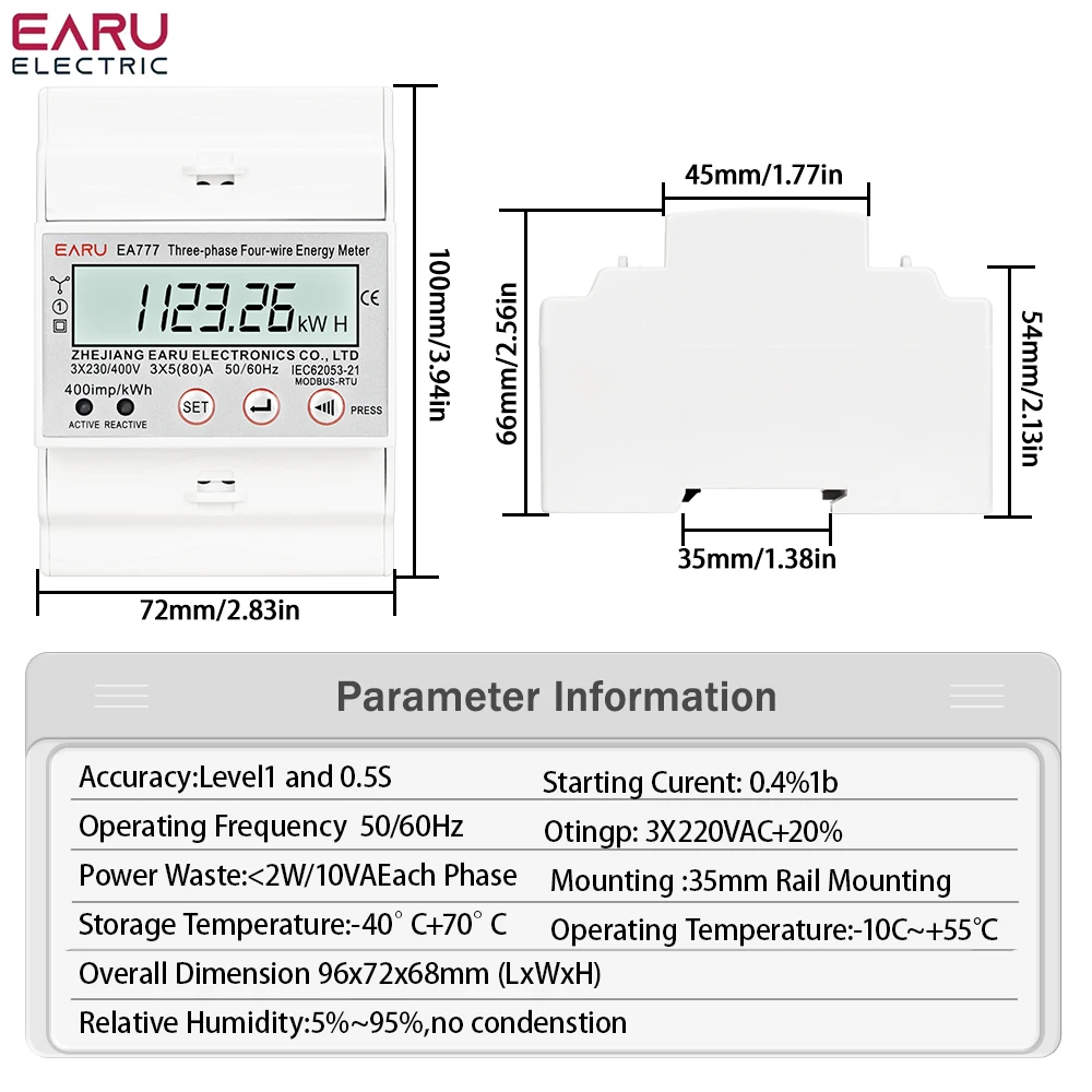 4P 3 Phase 4 Wires Two-way Bilateral Energy Meter  Electricity Usage Meter Din Rail AC 3*230/400V LCD Multifunction Display
