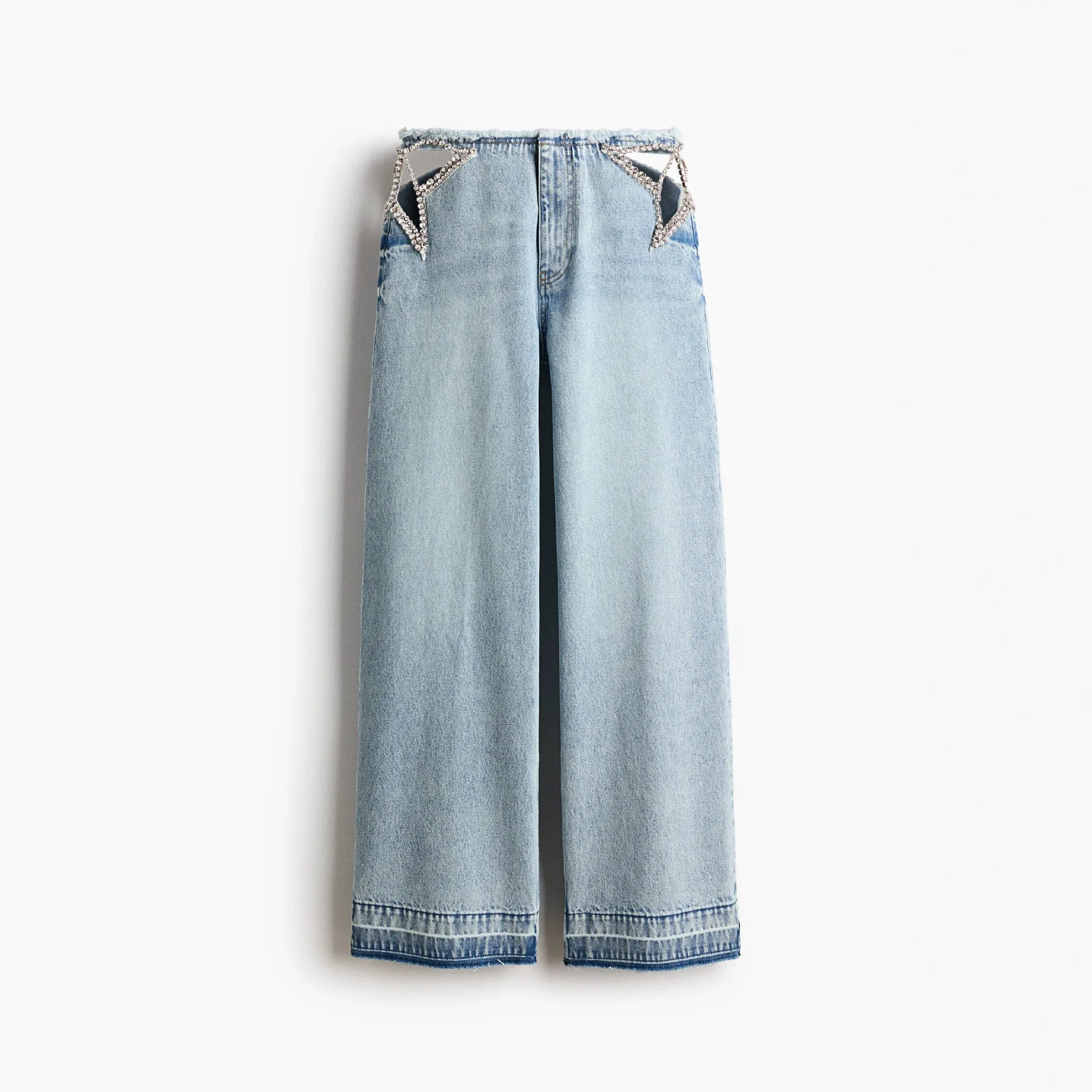 Women Low Rise Wide Leg Jeans Rhinestone Cutout Waist Design Washed Denim Floor Length Straight Baggy Denim Pants Y2K Streetwear