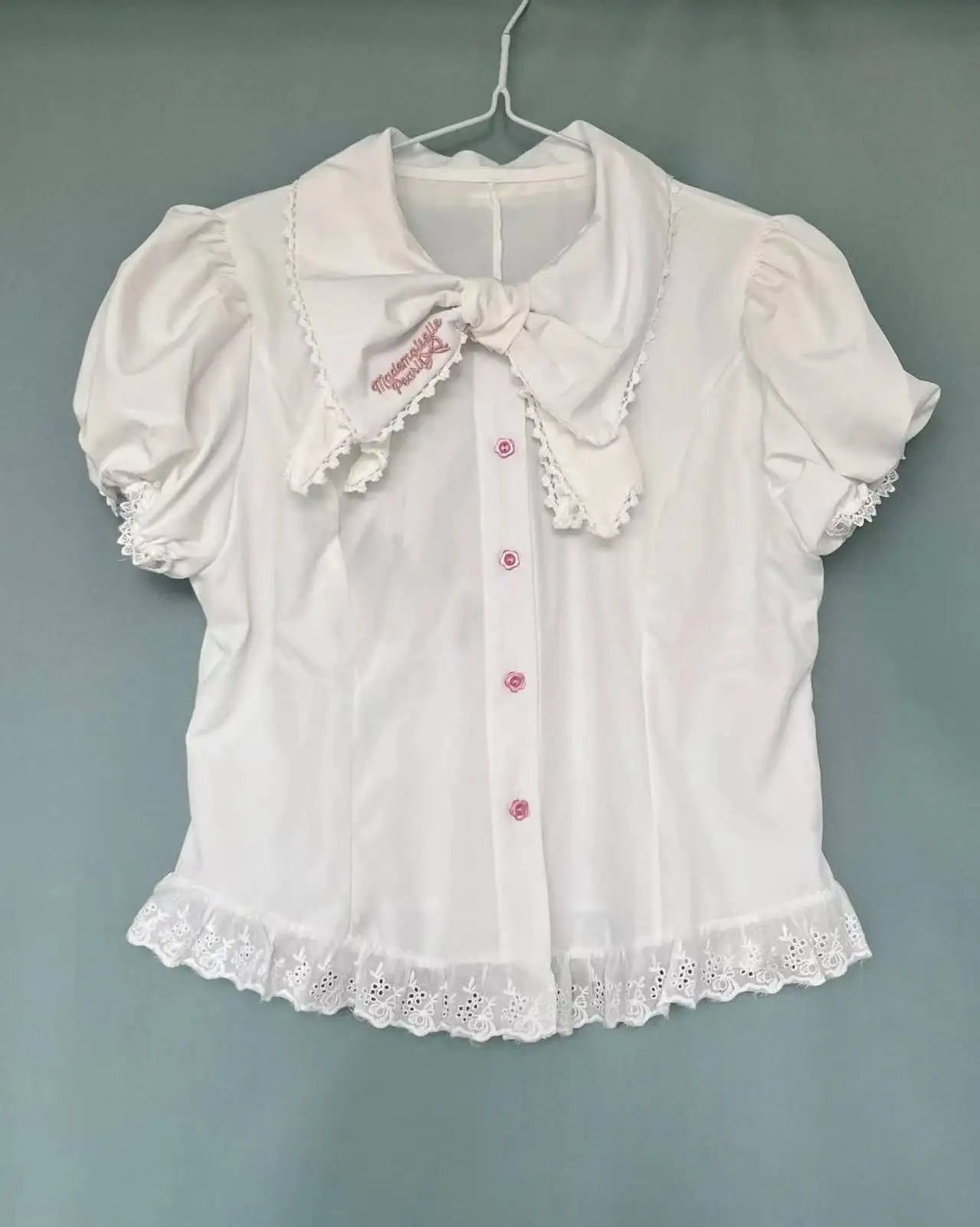 

Summer Lolita Shirt Japanese Pretty Fashion Design Kawaii White Blouse Women Sweet Lace Short Sleeve Shirt Y2k Slim Bow Tops