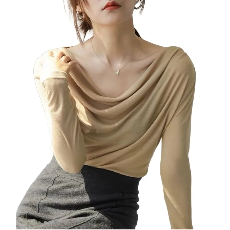 

fairy top Autunm Pleated collar Knitted casual modal cotton tops plus sizeshirt Elegant temperament lady slim basic blouse