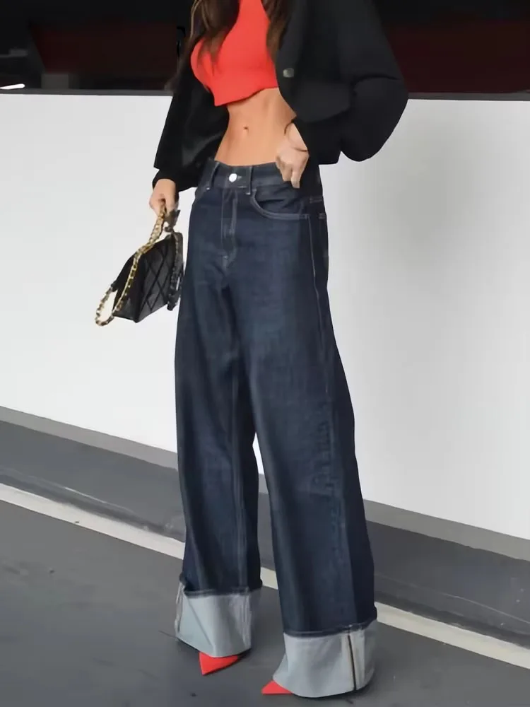 Autumn Fashion Women Denim High Waist Wide Leg Pants+Female Long Sleeve With Flap Pockets Cropped Coat Two Pieces Set
