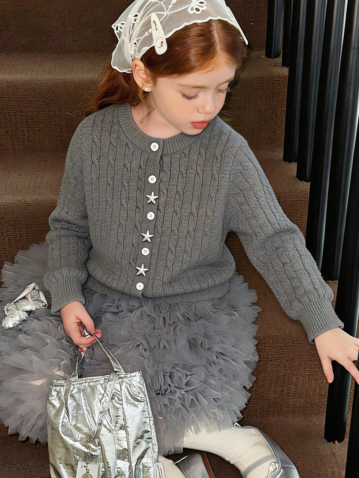 Girls Cable Knit Cardigan – Star Button Korean Style Sweater, Gray Crew Neck Knit Top for Toddler Kids