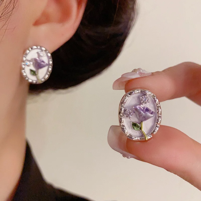 

2025 trend Purple flower Enamel silver Oil painting style woman's earrings