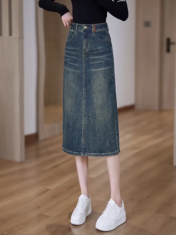 

Джинсовая юбка миди А-силуэта с высокой талией и разрезом, женская, весна-осень, новый стиль, юбка-карандаш, корейский стиль, для повседневной носки, из смесового хлопка