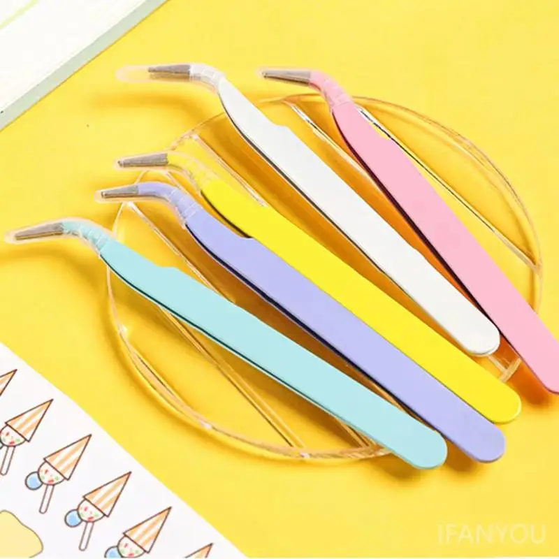 1pc Fashionable Straight Curved Tweezers Colorful Pink Blue Purple DIY Eyelash Tweezer Nail Art Sticker Rhinestones Picking Tool