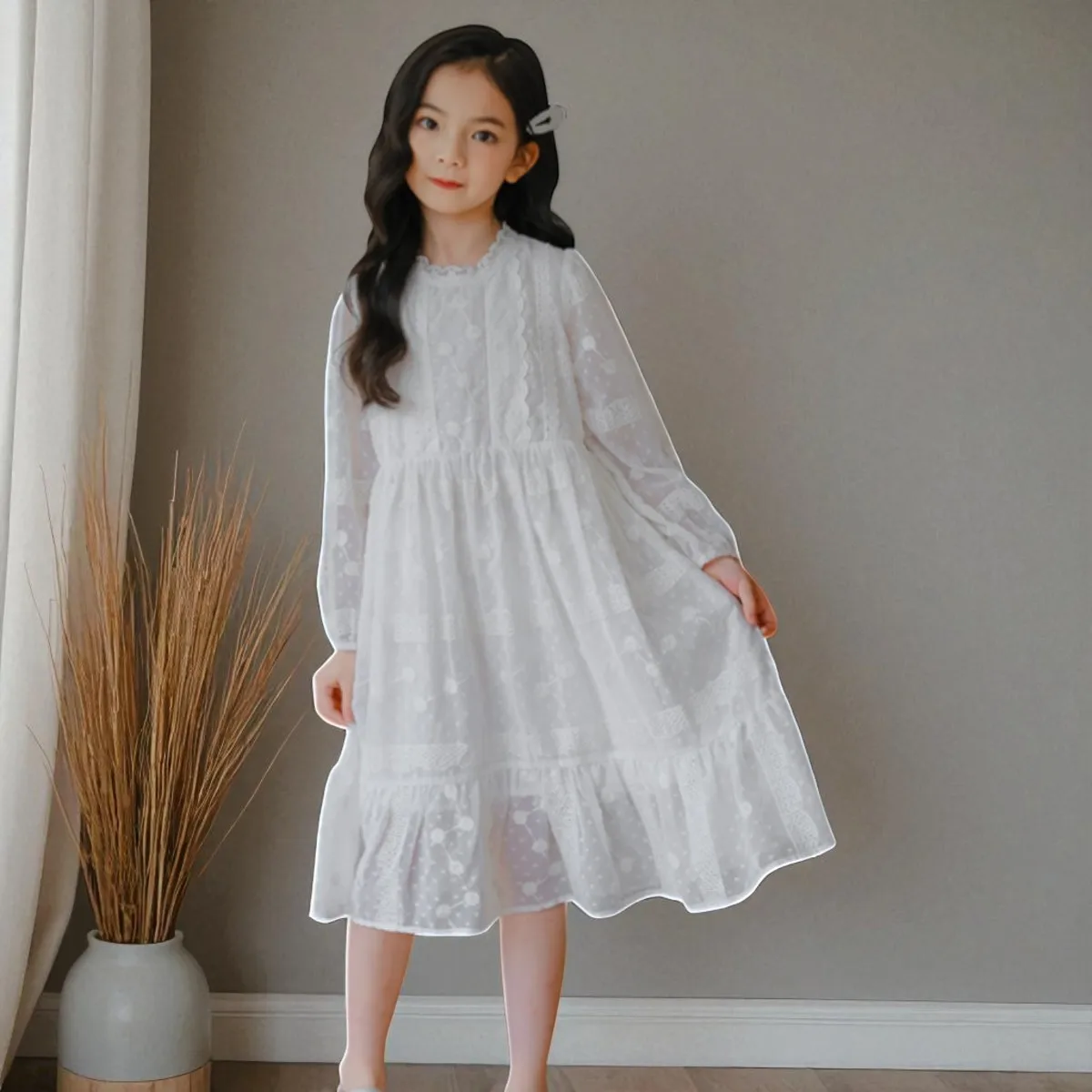 

Детские белые кружевные платья с цветочным принтом для девочек, наряды для детской вечеринки, платье с длинными рукавами и цветочным принтом, детские костюмы принцессы для детей 6, 8, 10, 12 лет