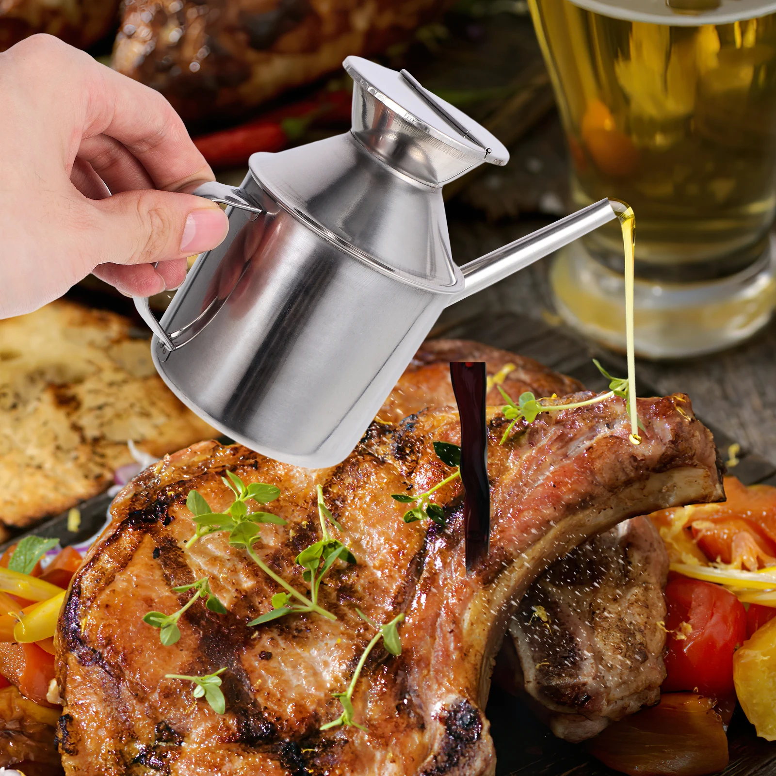 

Stainless Steel Oil Bottle 800Ml Soy Vinegar Dispenser Multi-Function Kitchen Container Household Sauce Bottle Ergonomic Handle