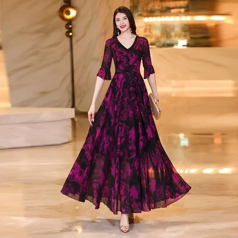 High-Quality Temperament Slim Chiffon Big Swing Skirt Ankle Dress New Printed Five-Point Sleeve Dress Long Female Summer Dresses