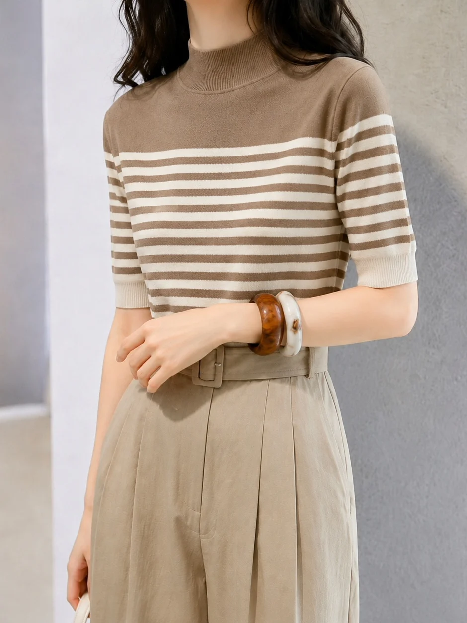 Retro Color Block Stripe Design Short Sleeve Knitted Sweater Commute Versatile Overhead Top New Arrival Autumn 2026 Women's F...