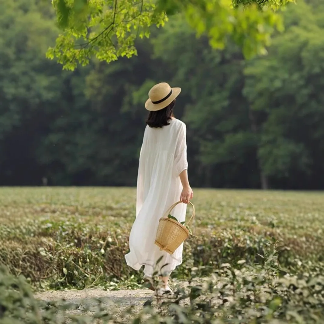 High-end clássico artístico algodão linho feminino primavera verão dupla camada gaze textura torcida Dr cintura solta saia evasê...