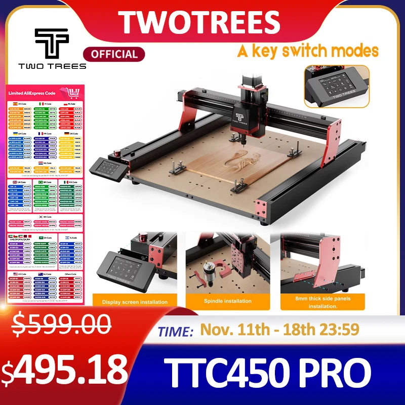 Two Tree TTC450 Pro CNC Milling Cutter Laser Engraving Machine for Wood Acrylic PCB PVC Metal 4 Axis CNC Router kit Large Size